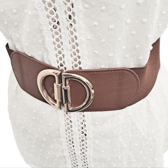 Brown elastic gold buckle corset wide cinch stretch waist statement dress Belt - Picture 5 of 12